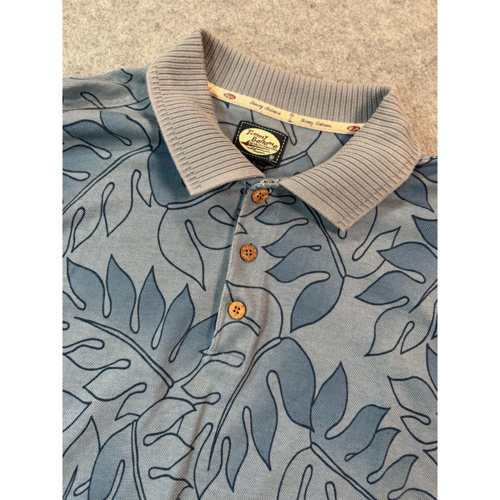 Vintage Tommy Bahama Mens Large Blue Tropical Leaf Print Cotton Pique Polo Shirt